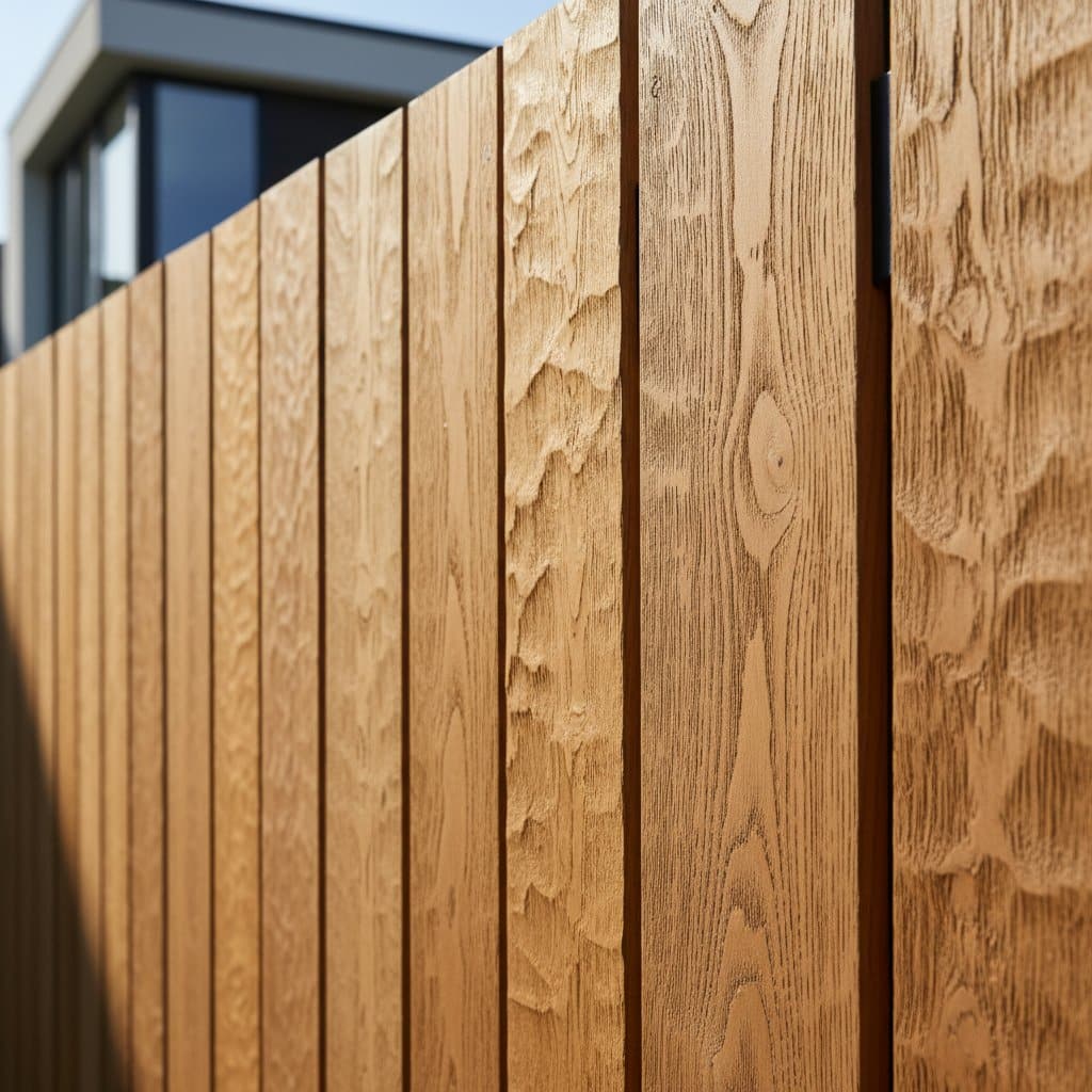 Bardage clôture chêne thermo-traité et brossé, effet matière relief tactile
