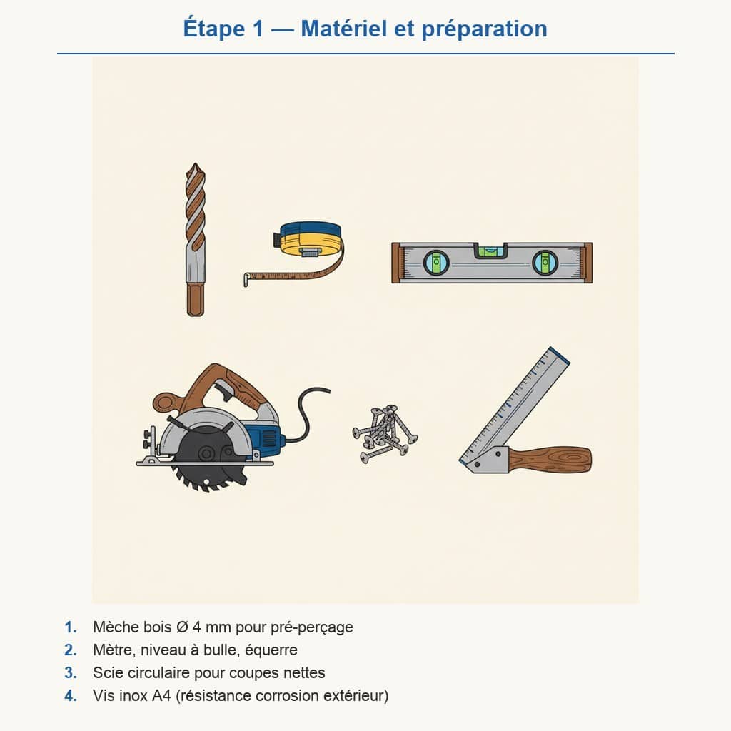 Schéma pose bardage clôture étape 1 : matériel et outils — mèche bois, niveau, fixations inox A4