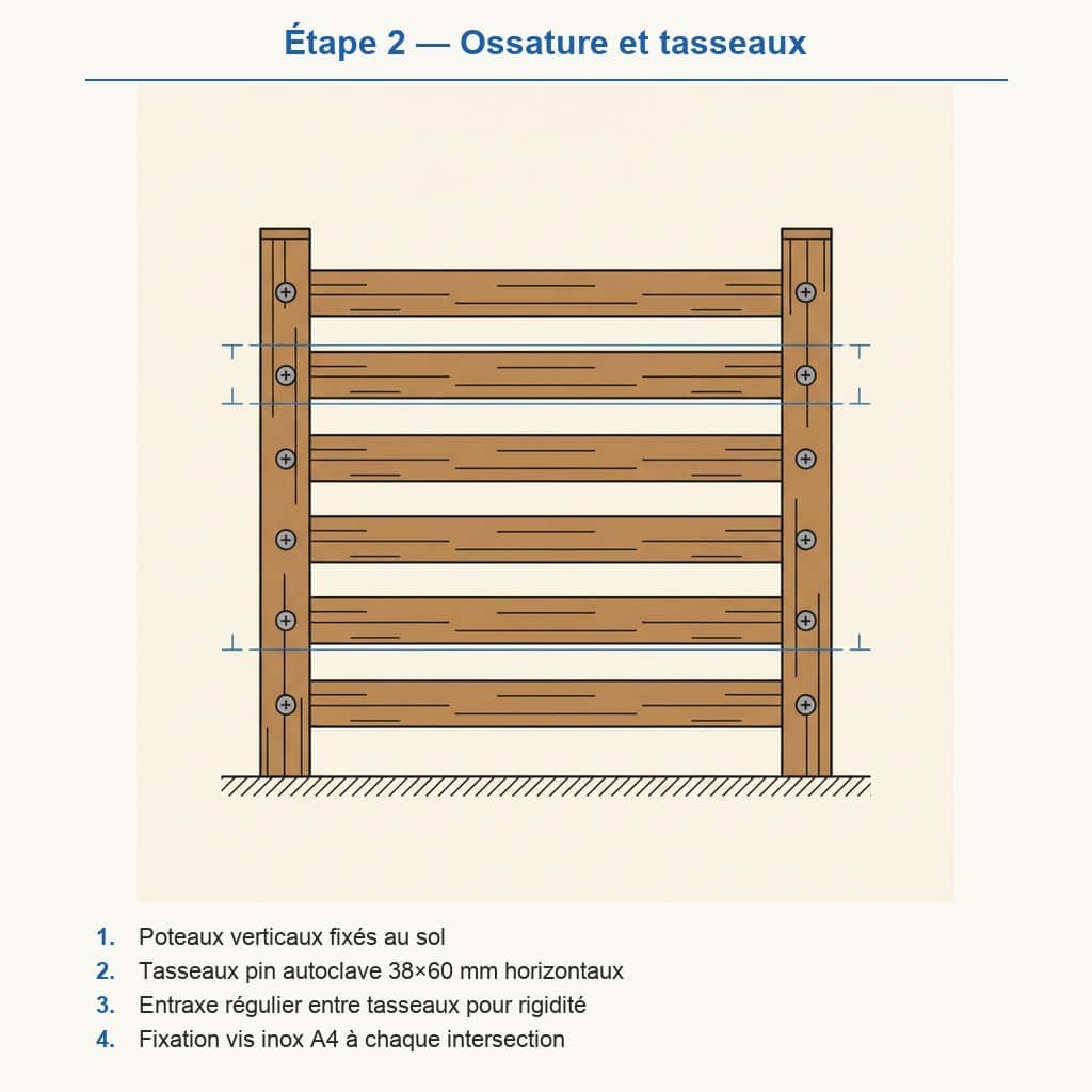 Schéma pose bardage clôture étape 2 : ossature tasseaux pin autoclave vue de face