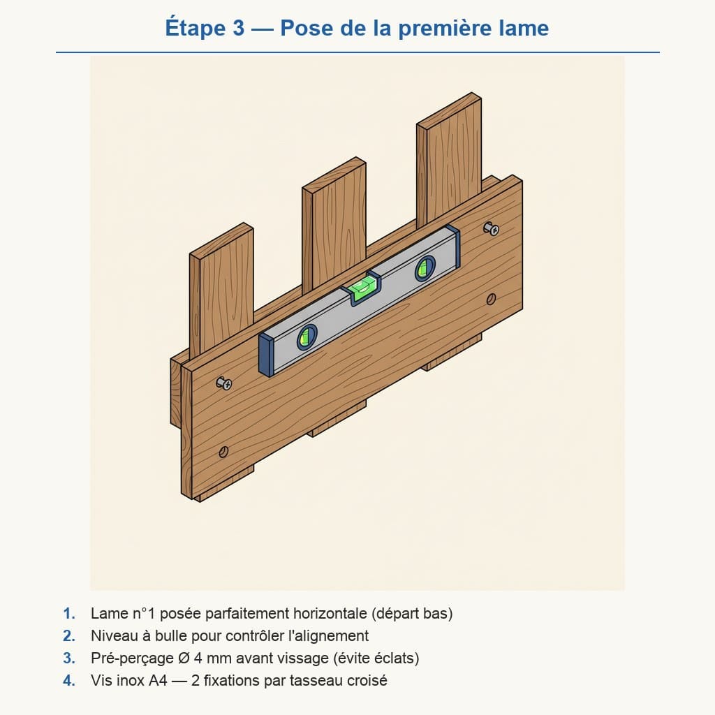 Schéma pose bardage clôture étape 3 : pose de la première lame avec niveau à bulle et pré-perçage