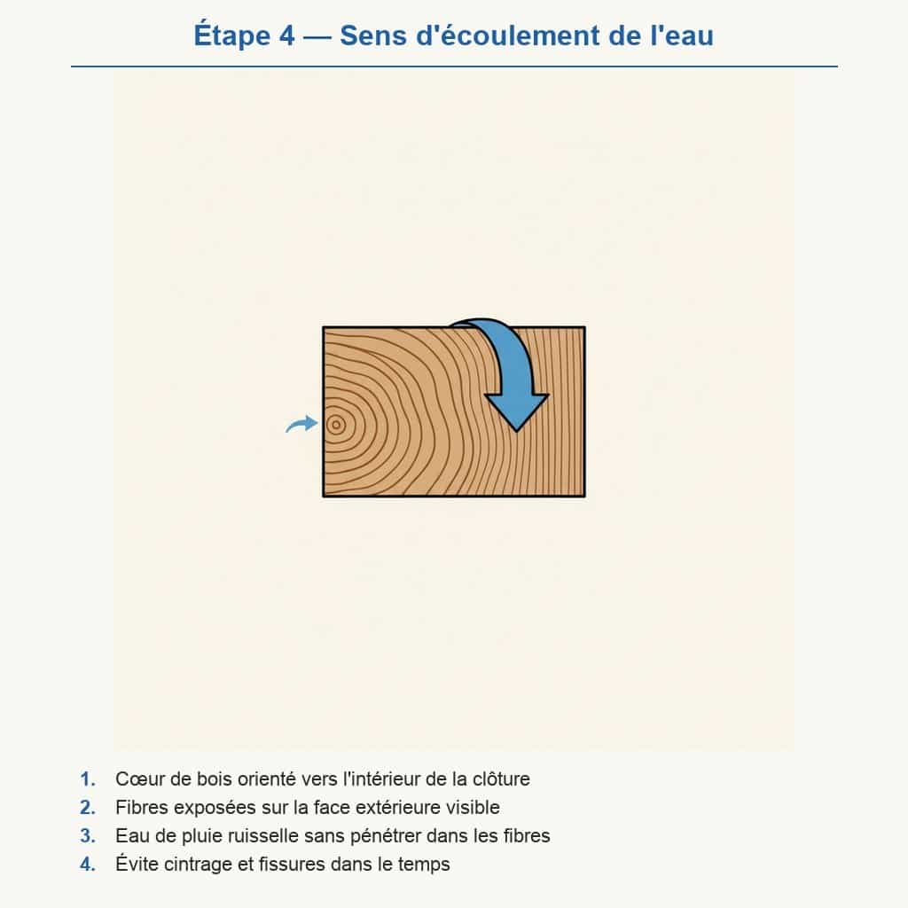 Schéma pose bardage clôture étape 4 : sens d'écoulement de l'eau, cœur de bois vers intérieur