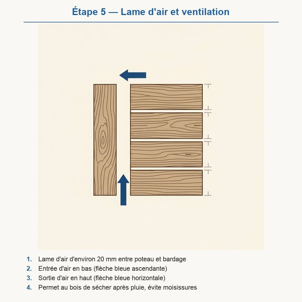 Schéma pose bardage clôture étape 5 : lame d'air et ventilation, entrée d'air bas, sortie d'air haut
