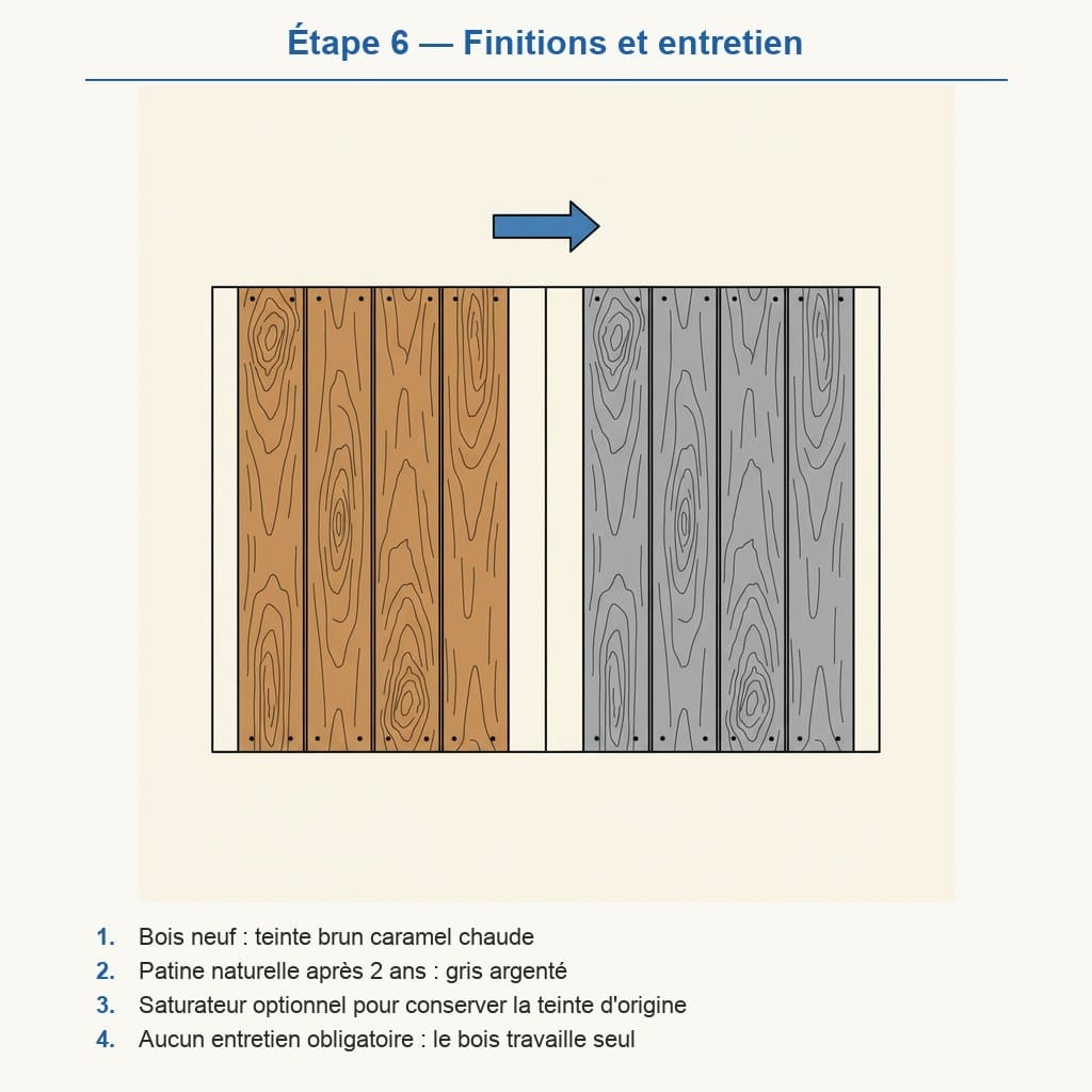 Schéma pose bardage clôture étape 6 : finitions et entretien — patine naturelle ou saturateur