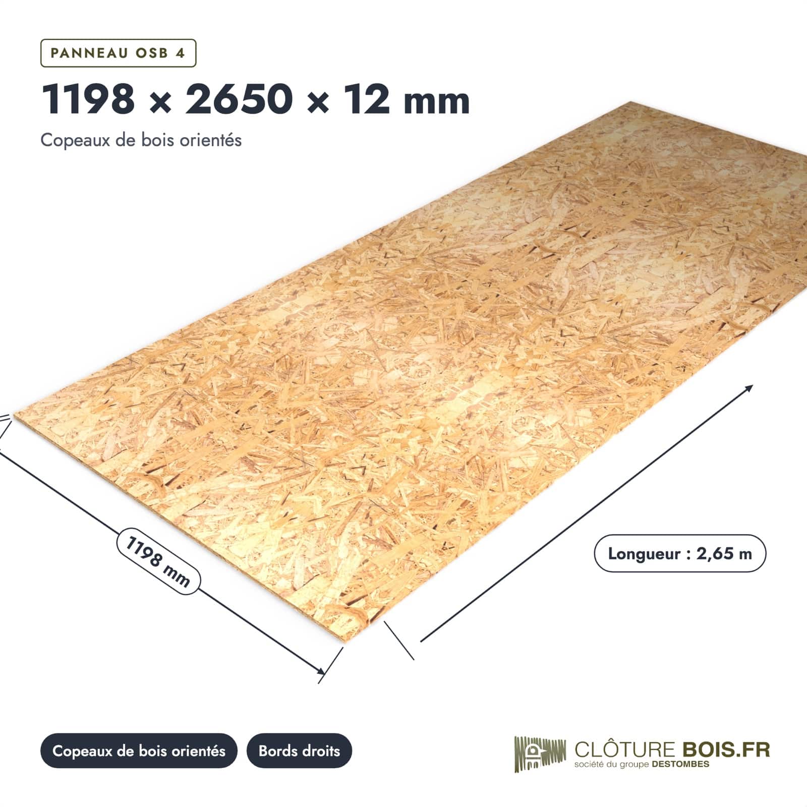 Panneau OSB 4 2650x12, largeur 1198 mm, bords droits : pièce cotée et longueurs