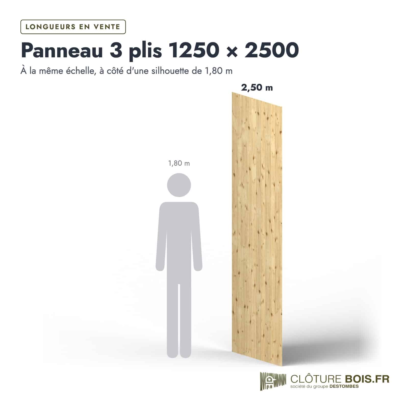 Panneau 3 plis épicéa 1250x2500, épaisseur 12 mm, poncé : longueurs à l’échelle