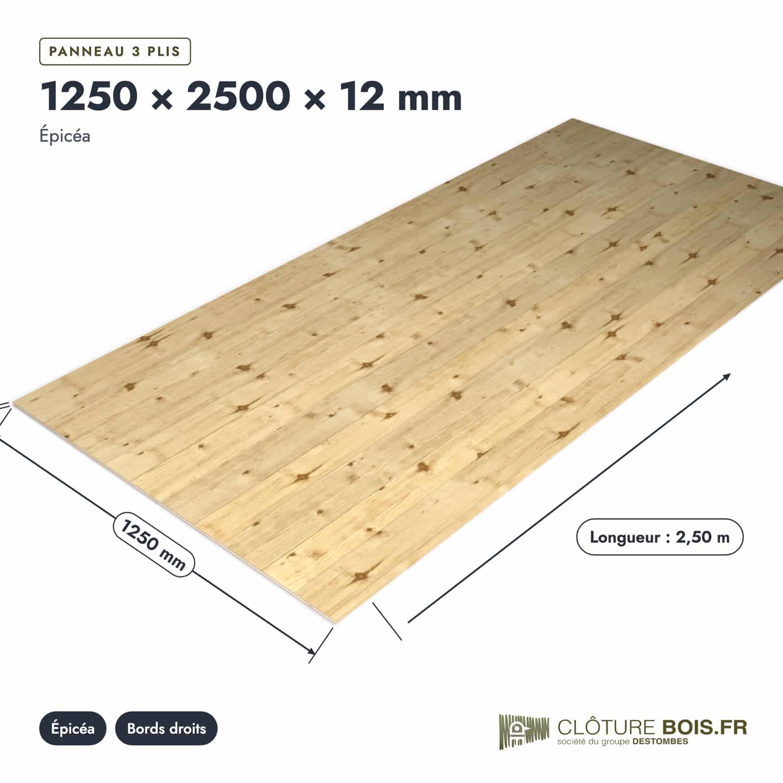 Panneau 3 plis épicéa 1250x2500, épaisseur 12 mm, poncé : pièce cotée et longueurs