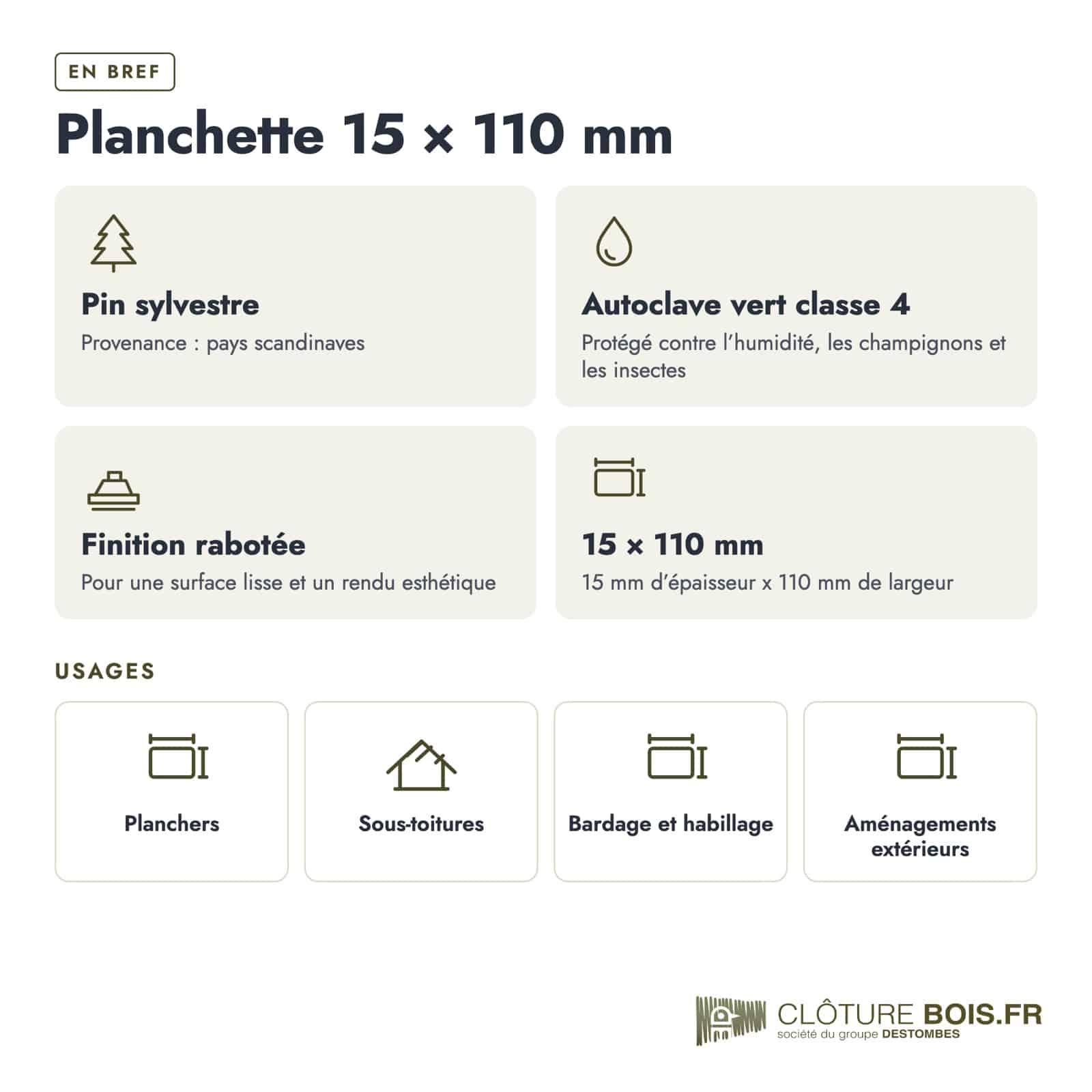 Planchette pin 15x110 emboîtable, autoclave vert : caractéristiques