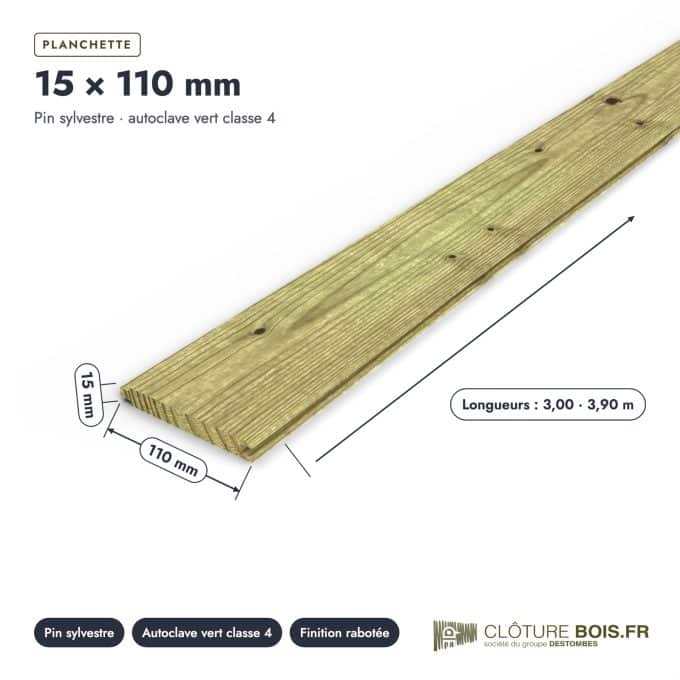 Planchette pin 15x110 emboîtable, autoclave vert : pièce cotée et longueurs