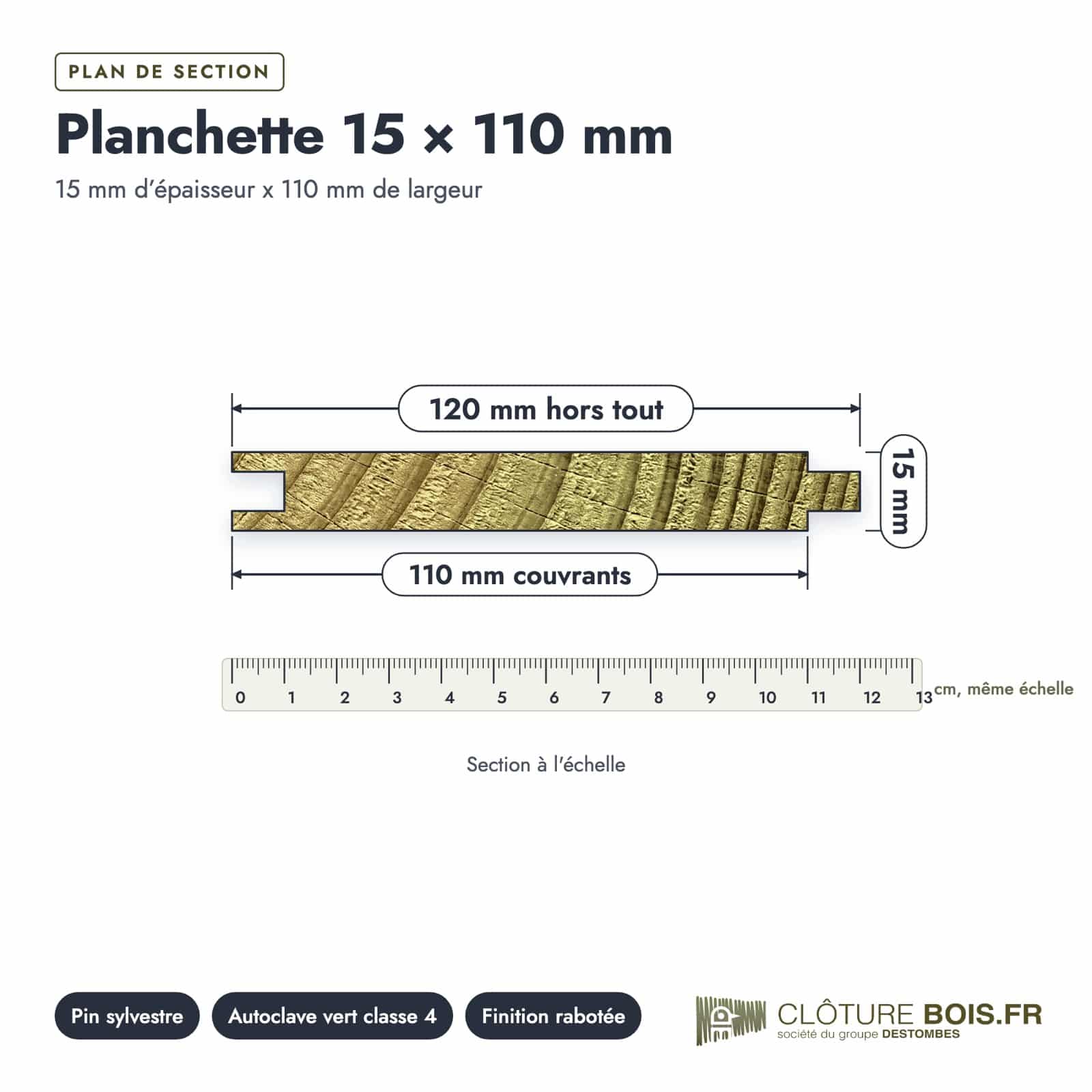 Plan de section coté, sur le vrai bois de bout