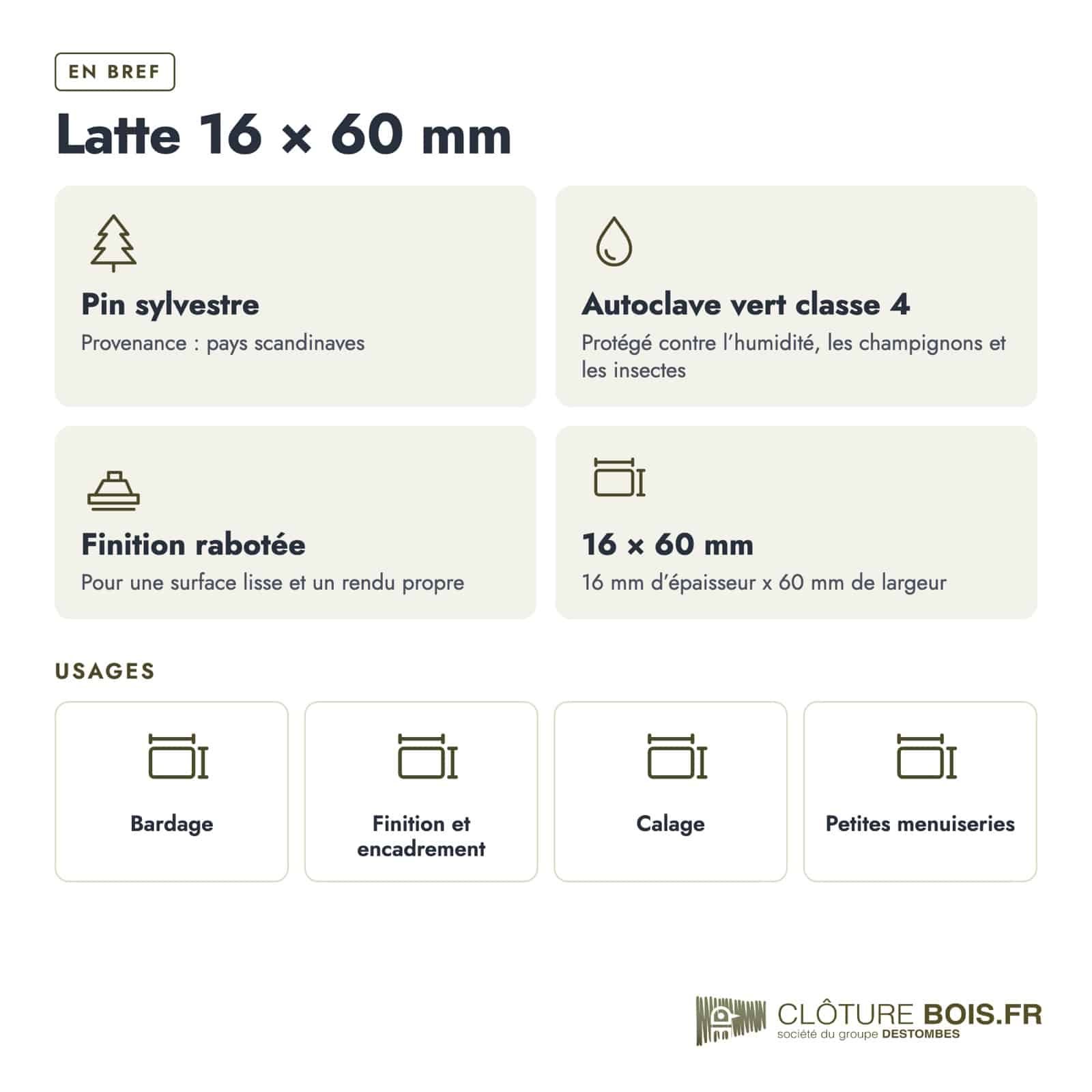 Latte autoclave 16x60 en pin sylvestre raboté : caractéristiques