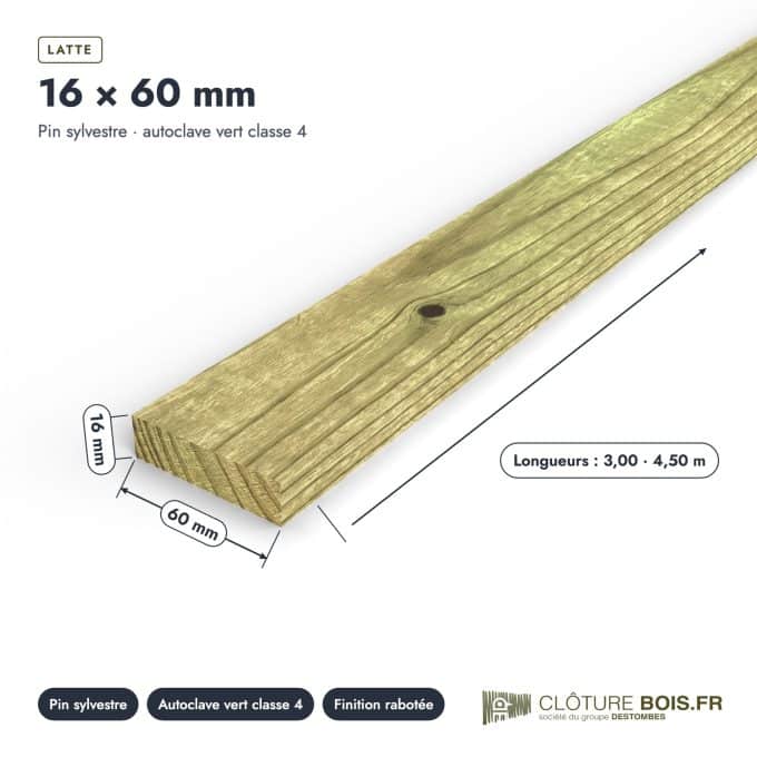 Latte autoclave 16x60 en pin sylvestre raboté : pièce cotée et longueurs
