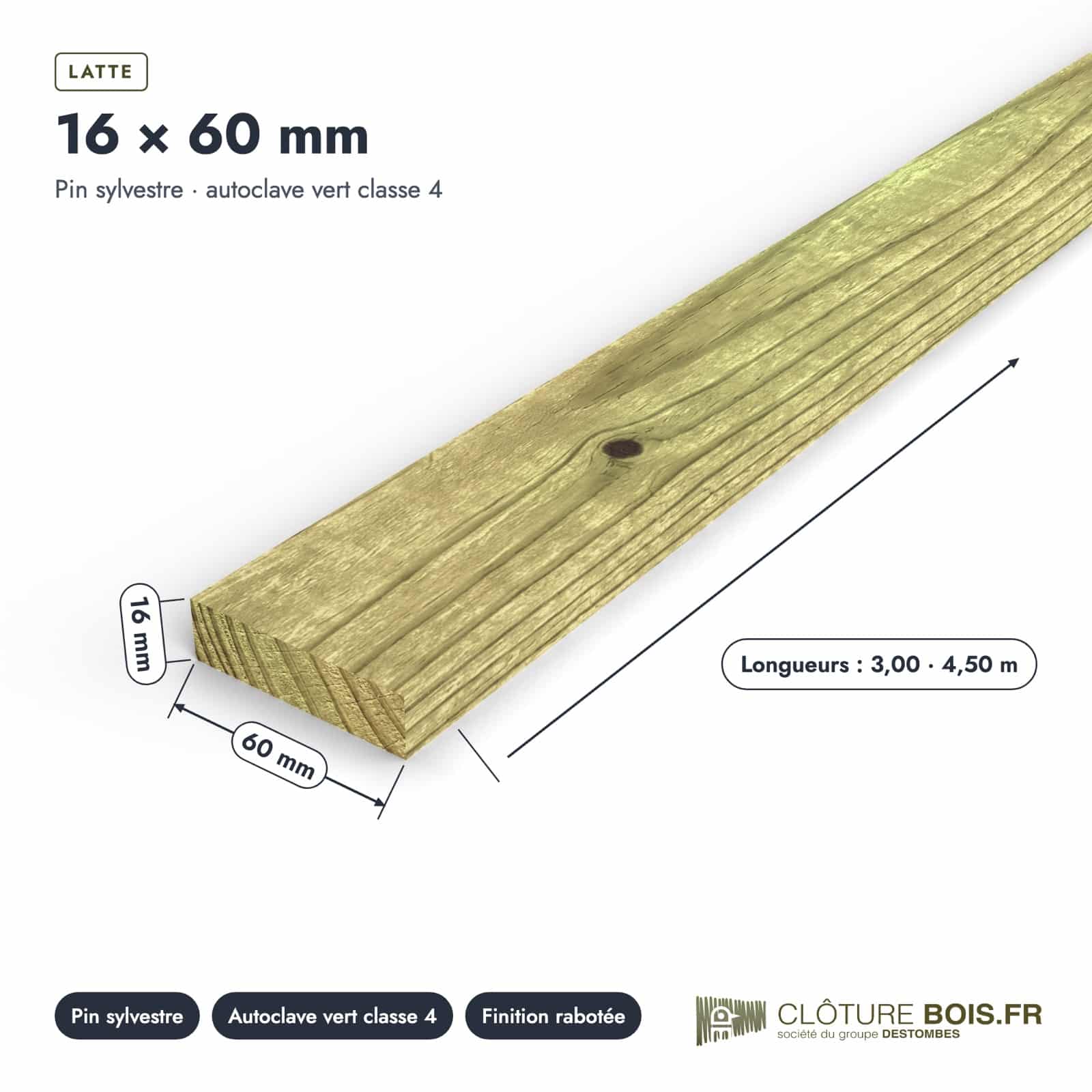 Latte autoclave 16x60 en pin sylvestre raboté : pièce cotée et longueurs