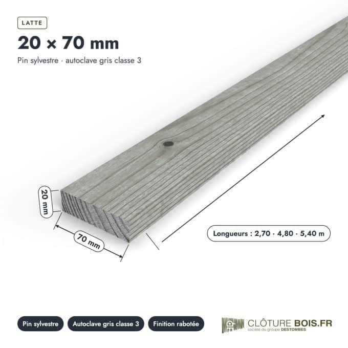 Latte autoclave grise 20x70 pour claustra et brise-vue : pièce cotée et longueurs
