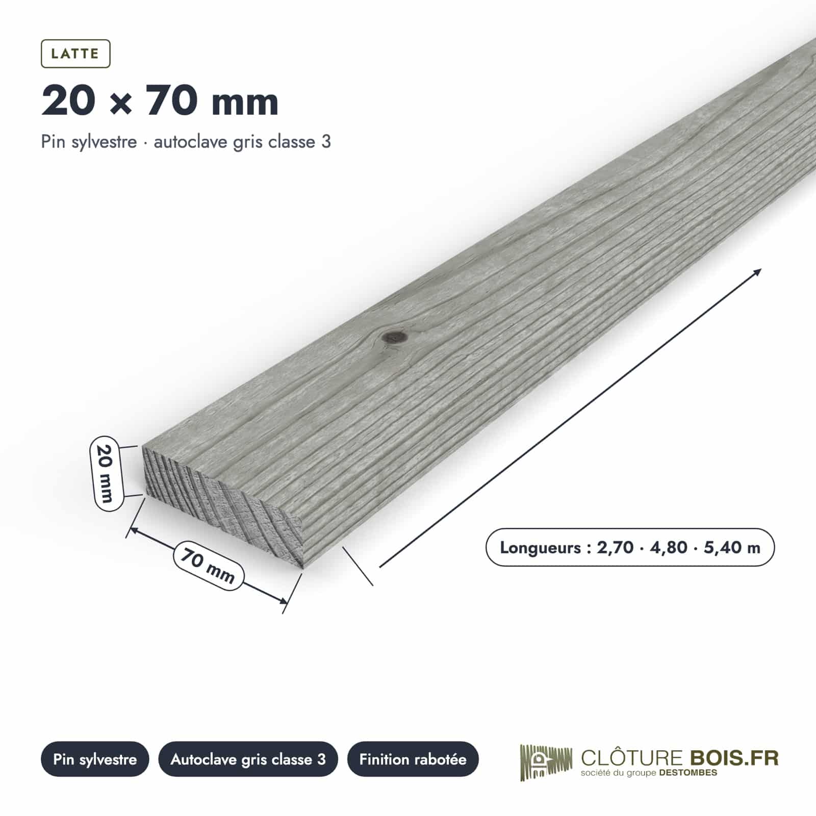 Latte autoclave grise 20x70 pour claustra et brise-vue : pièce cotée et longueurs