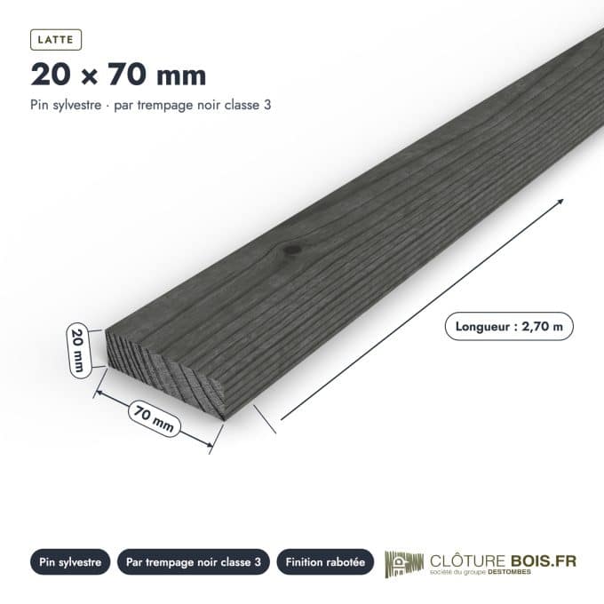 Latte noire 20x70 en pin sylvestre traité par trempage : pièce cotée et longueurs