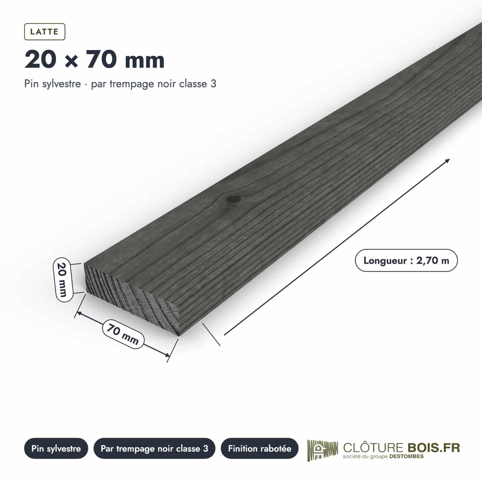 Latte noire 20x70 en pin sylvestre traité par trempage : pièce cotée et longueurs