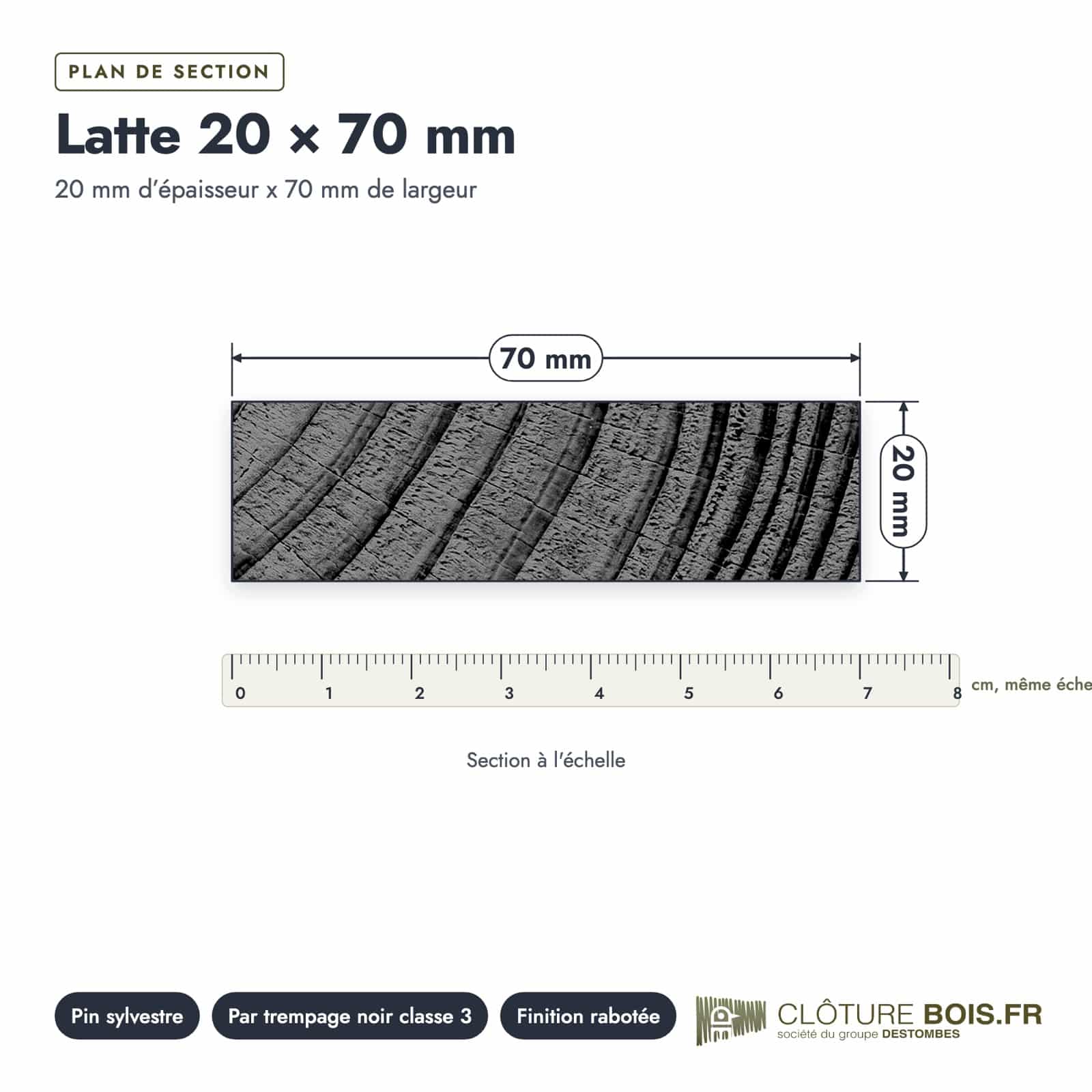 Latte noire 20x70 en pin sylvestre traité par trempage : plan de section coté