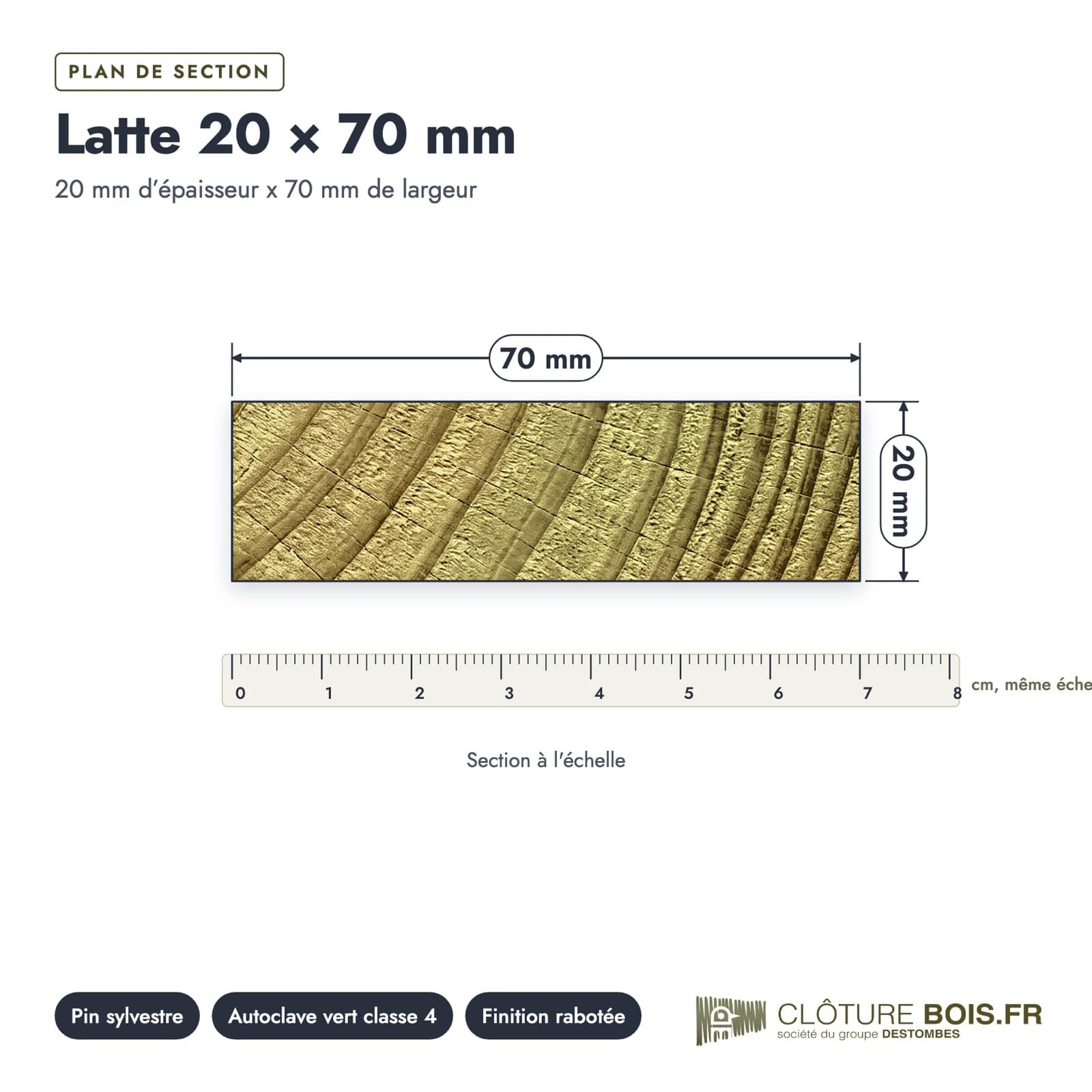 Latte autoclave 20x70 verte pour clôture ajourée : plan de section coté