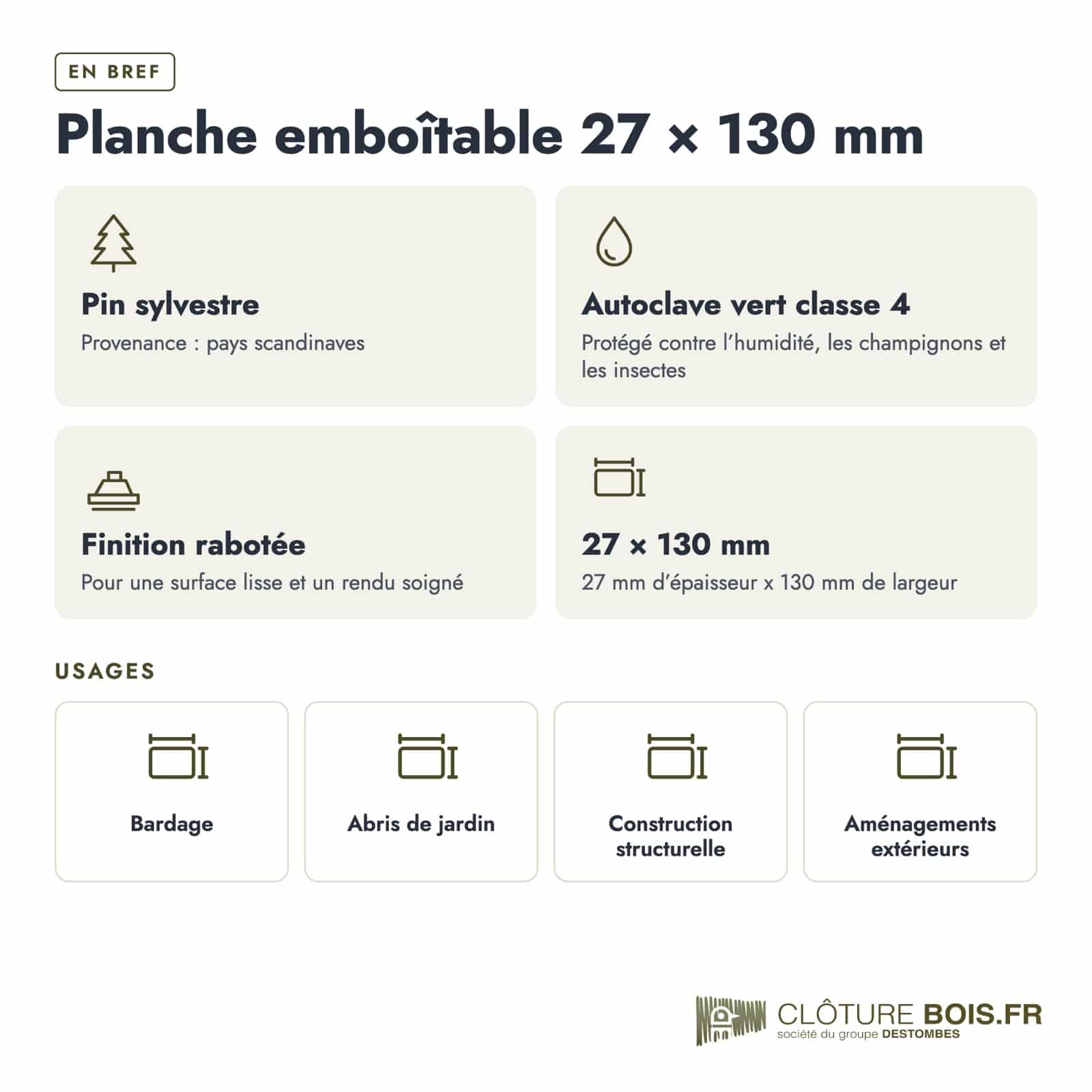 Lame de clôture 27x130 emboîtable en pin autoclave vert : caractéristiques