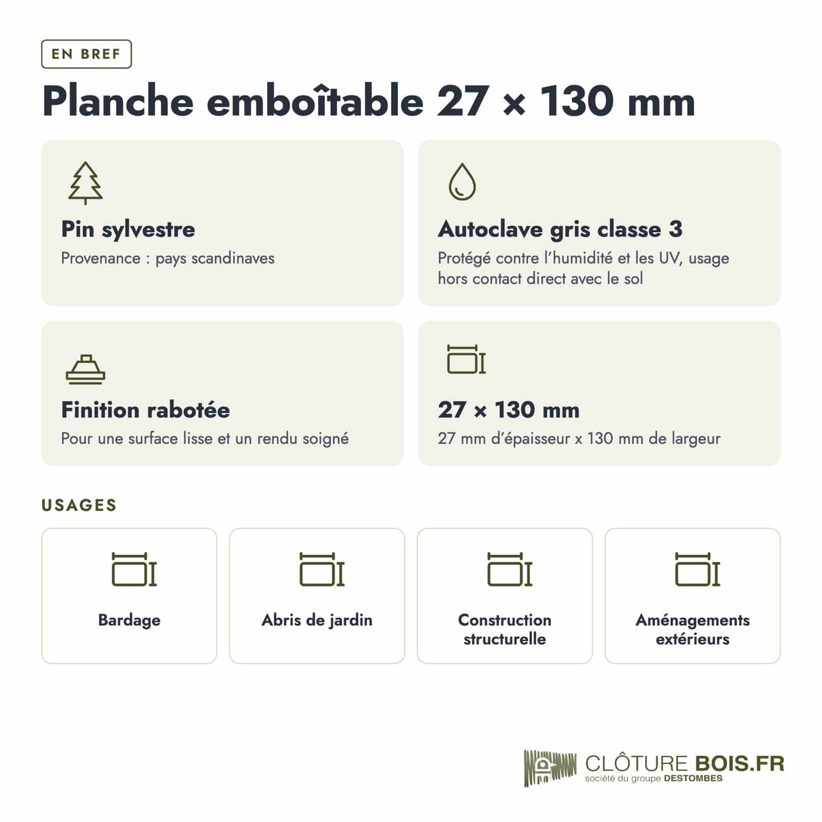 Planche emboîtable grise 27x130 pour clôture : caractéristiques