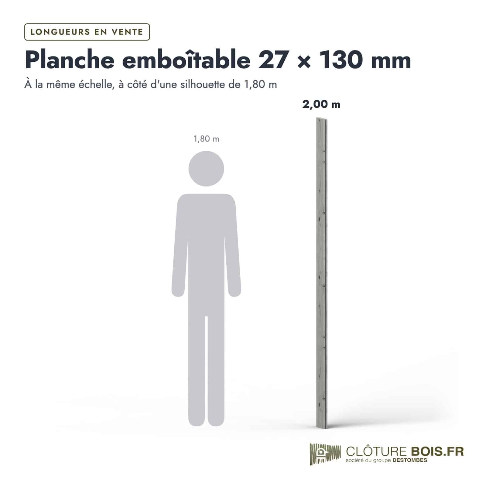 Planche emboîtable grise 27x130 pour clôture : longueurs à l’échelle