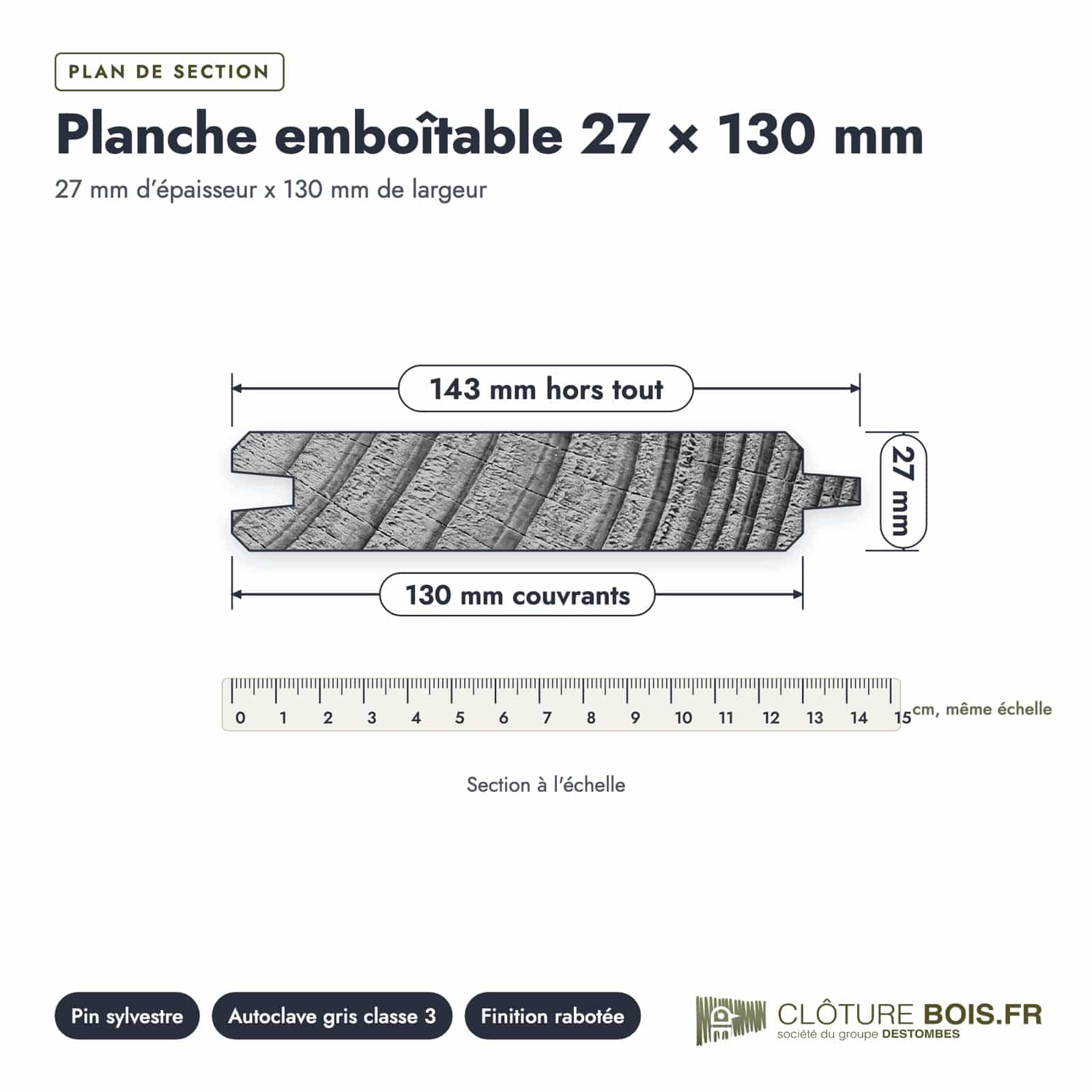 Plan de section coté, sur le vrai bois de bout