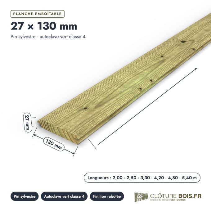 Lame de clôture 27x130 emboîtable en pin autoclave vert : pièce cotée et longueurs