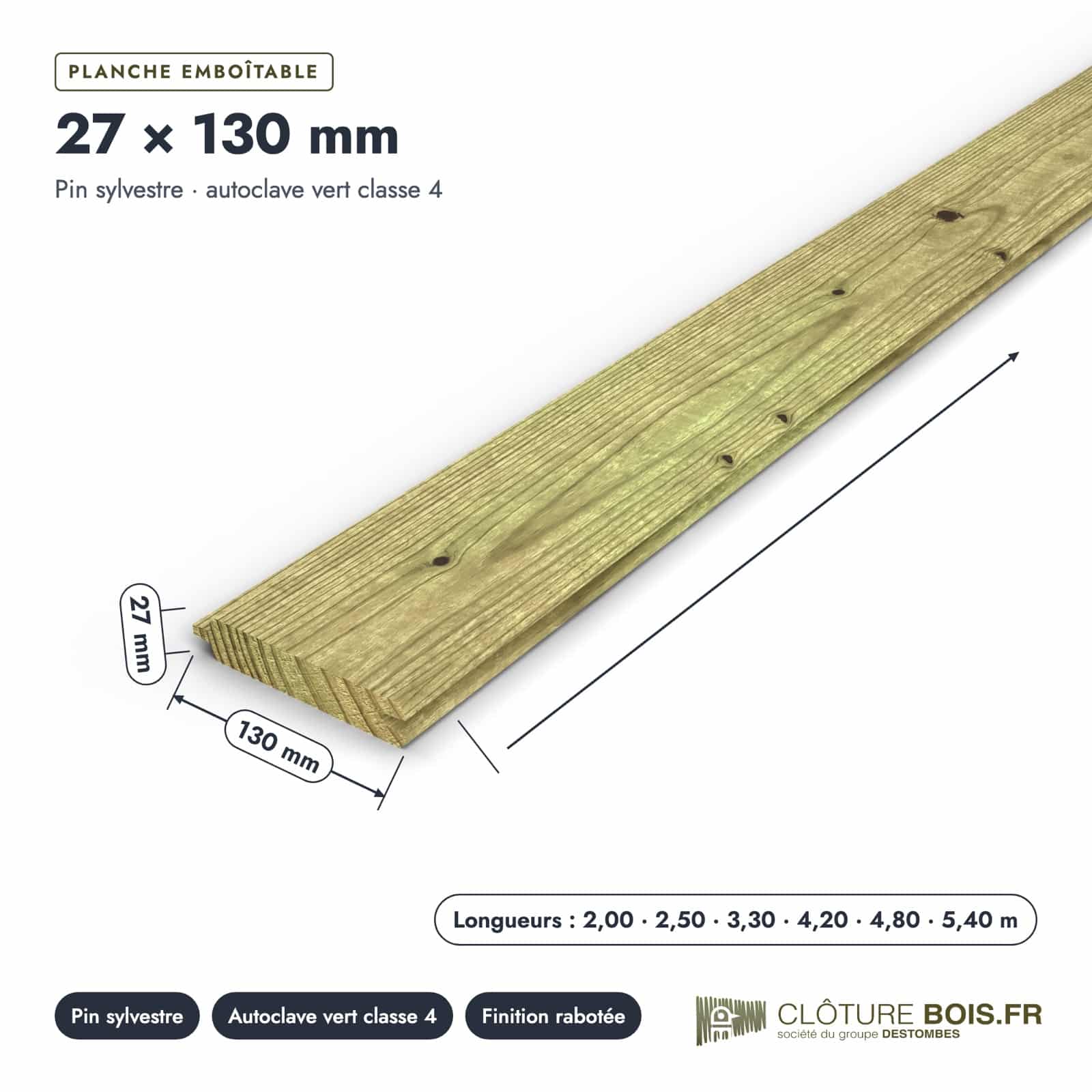 Lame de clôture 27x130 emboîtable en pin autoclave vert : pièce cotée et longueurs
