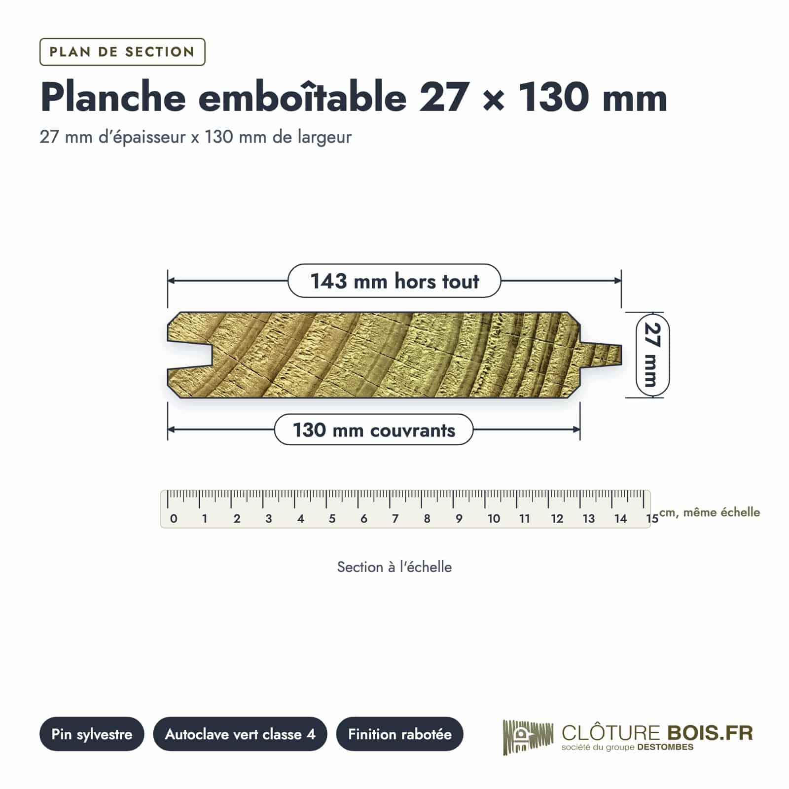 Lame de clôture 27x130 emboîtable en pin autoclave vert : plan de section coté
