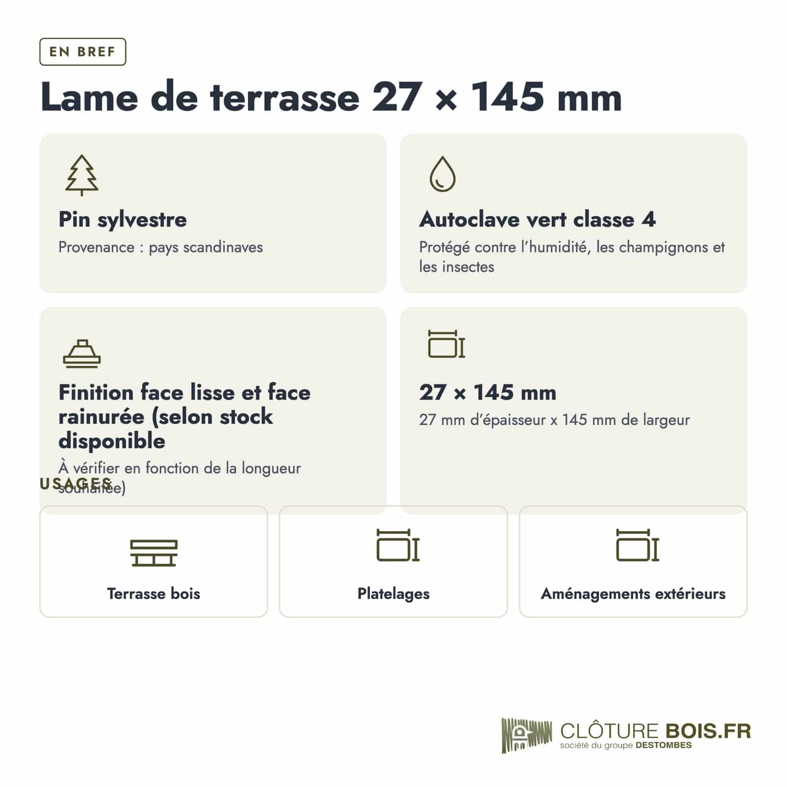 Lame de terrasse 27x145 en pin sylvestre autoclave vert : caractéristiques