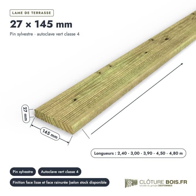 Lame de terrasse 27x145 en pin sylvestre autoclave vert : pièce cotée et longueurs