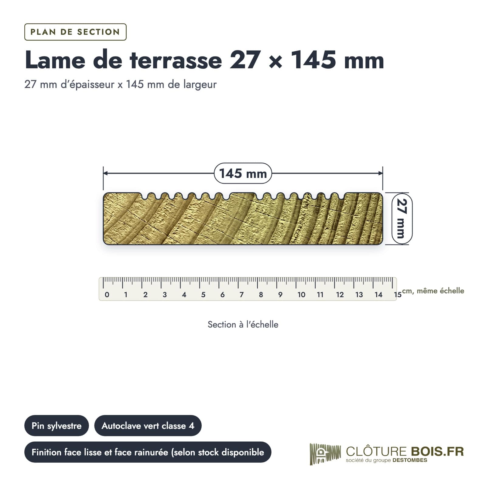 Lame de terrasse 27x145 en pin sylvestre autoclave vert : plan de section coté