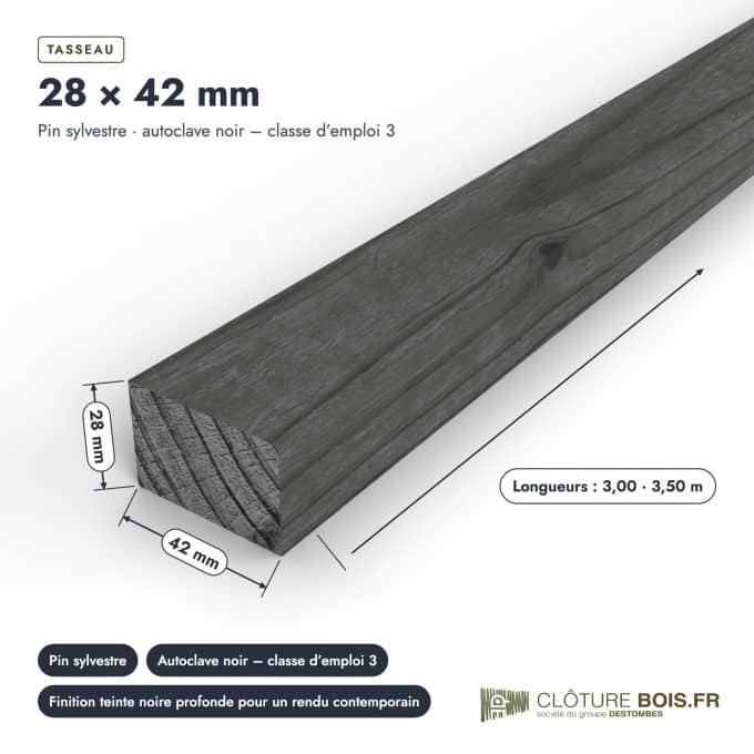 Tasseau autoclave noir 28x42 en pin sylvestre : pièce cotée et longueurs