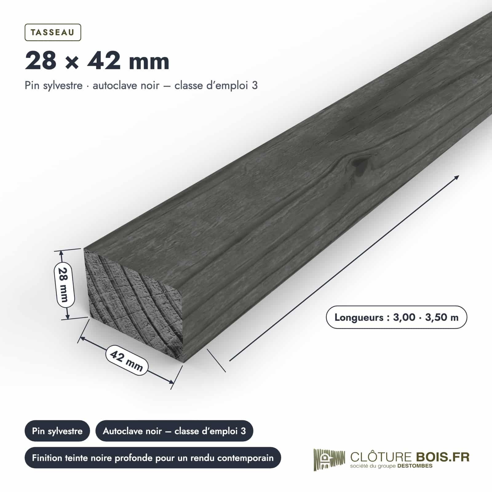 Tasseau autoclave noir 28x42 en pin sylvestre : pièce cotée et longueurs
