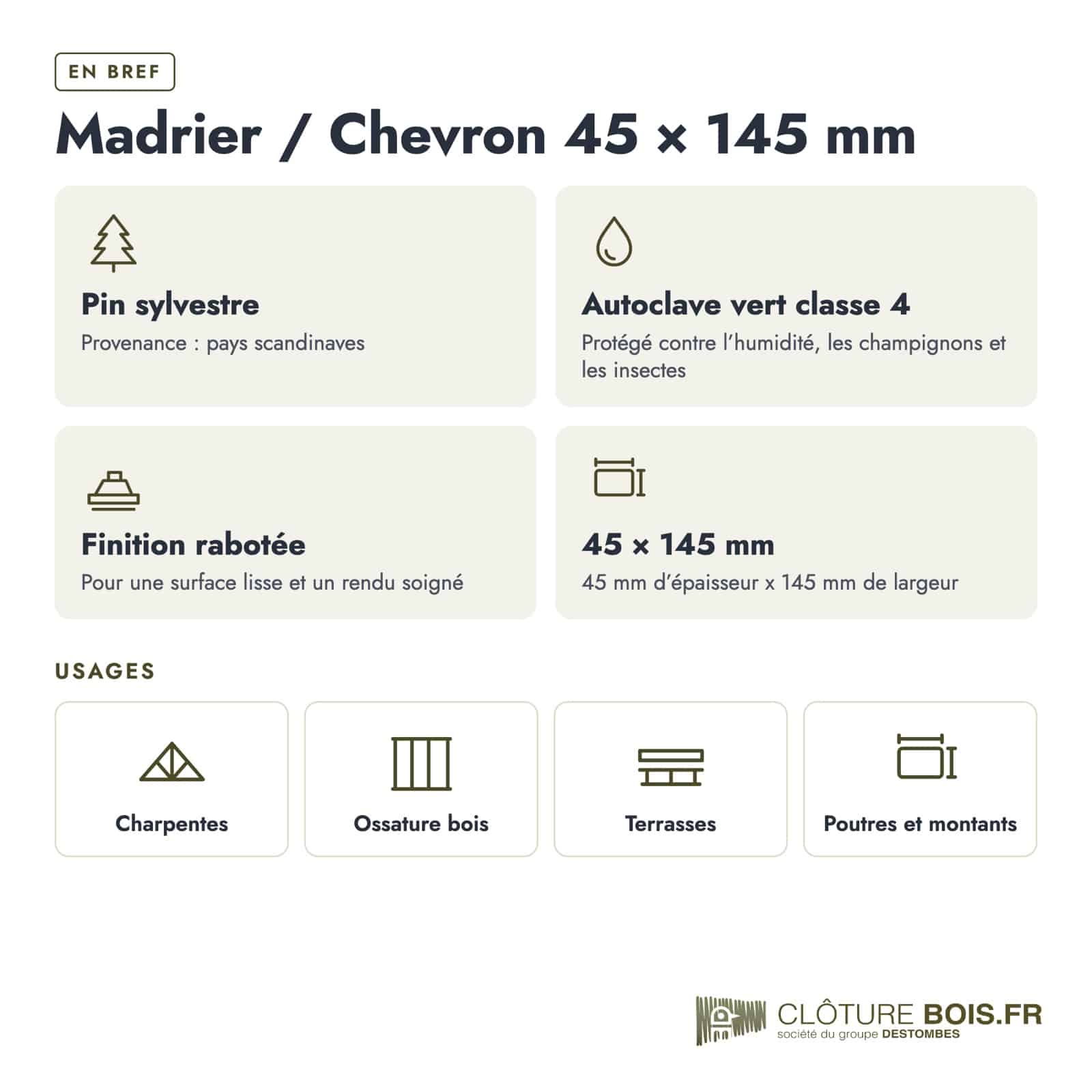 Madrier 45x145 en pin sylvestre raboté, autoclave vert : caractéristiques
