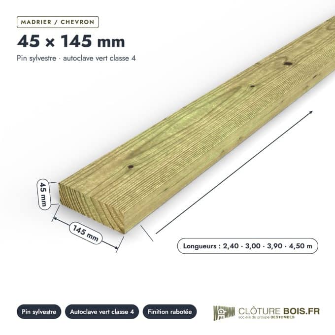 Madrier 45x145 en pin sylvestre raboté, autoclave vert : pièce cotée et longueurs