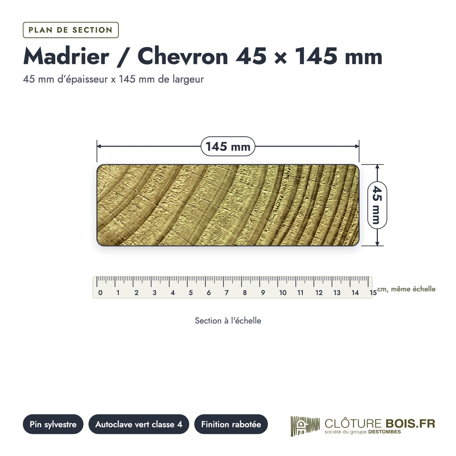 Madrier 45x145 en pin sylvestre raboté, autoclave vert : plan de section coté