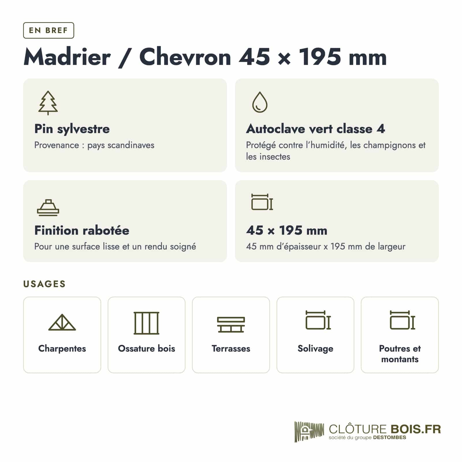 Madrier 45x195 en pin sylvestre raboté, autoclave vert : caractéristiques