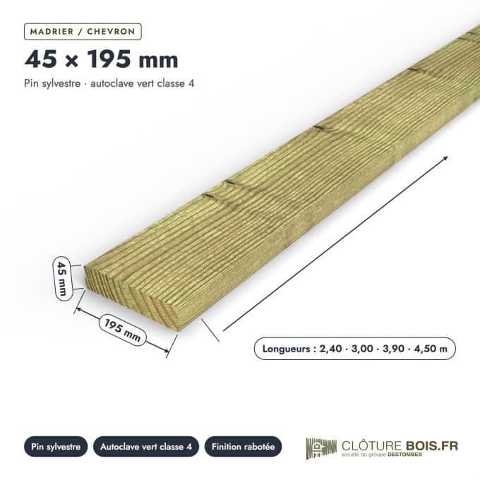 Madrier 45x195 en pin sylvestre raboté, autoclave vert : pièce cotée et longueurs