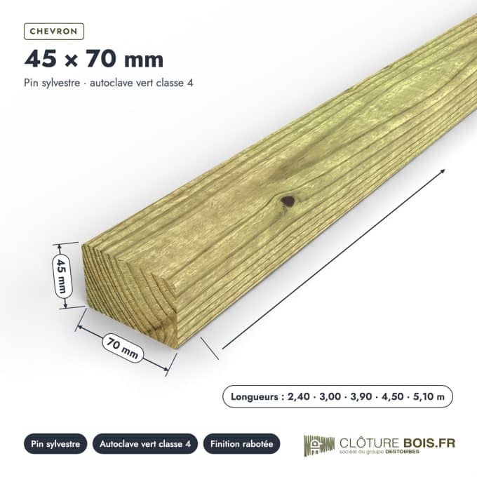 Chevron 45x70 autoclave pour ossature de clôture : pièce cotée et longueurs