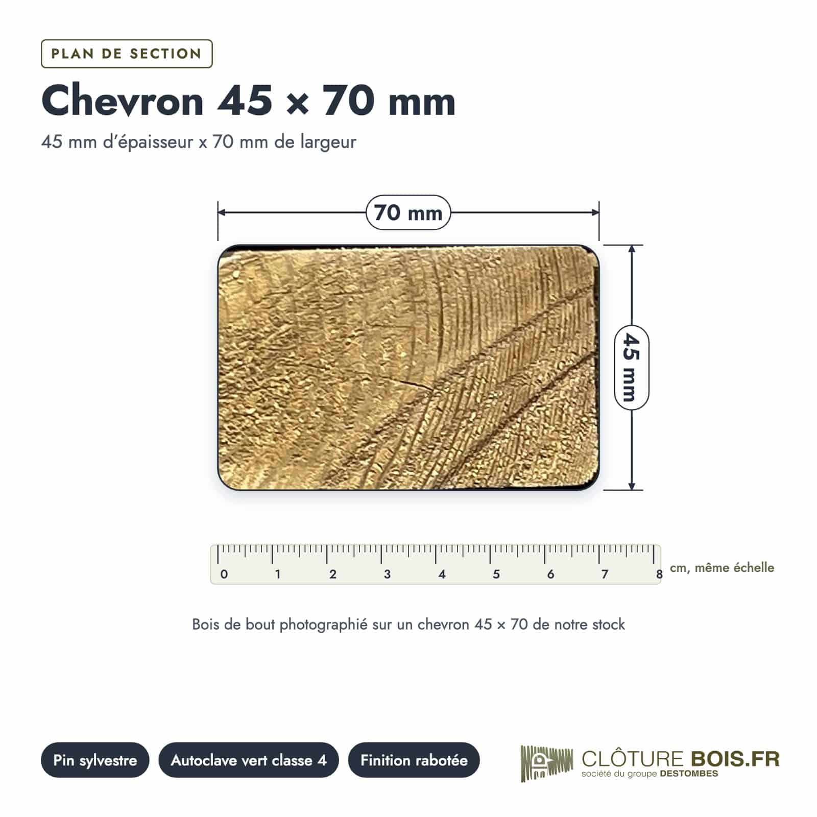 Chevron 45x70 autoclave pour ossature de clôture : plan de section coté