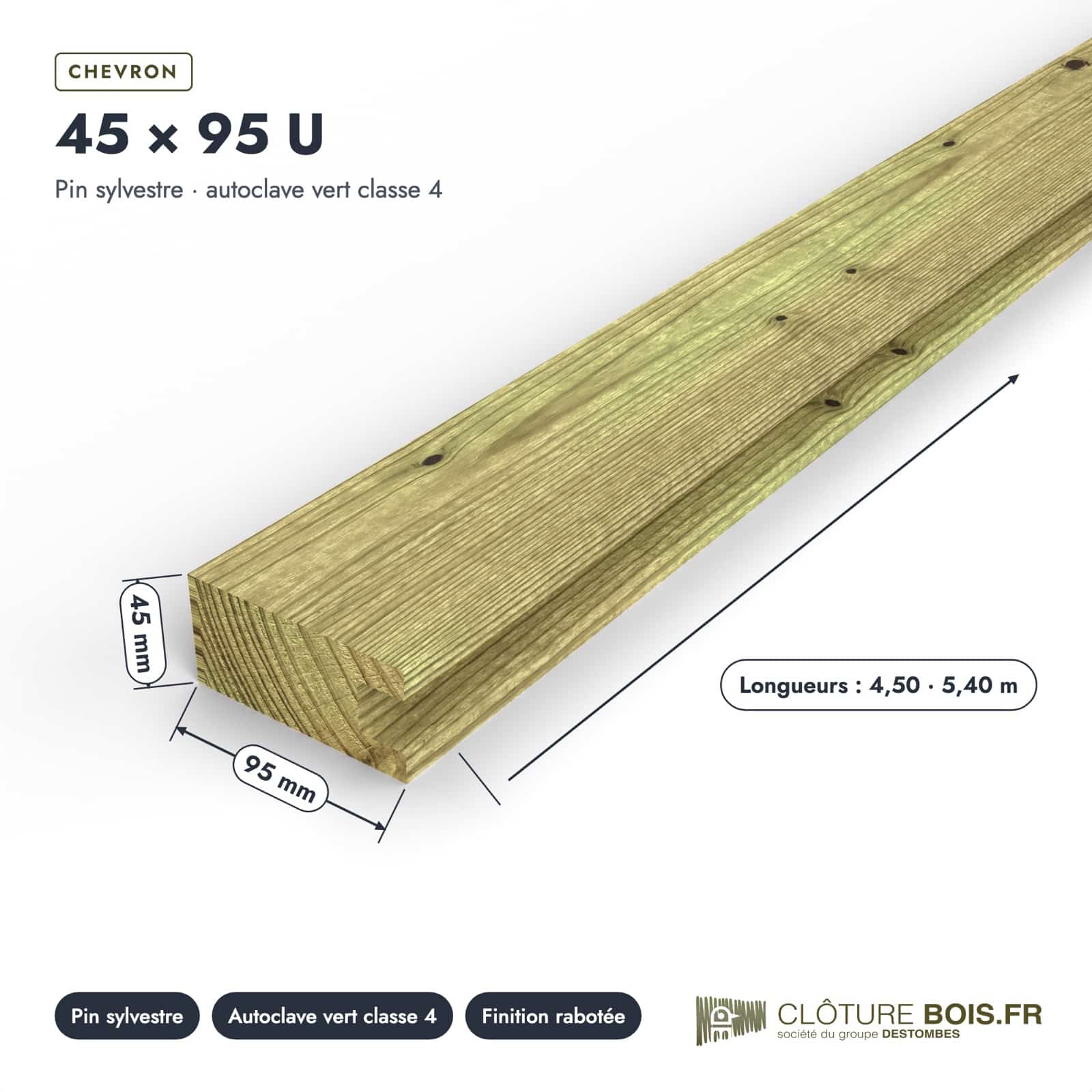 Profilé bois U 45x95 en pin sylvestre autoclave vert : pièce cotée et longueurs