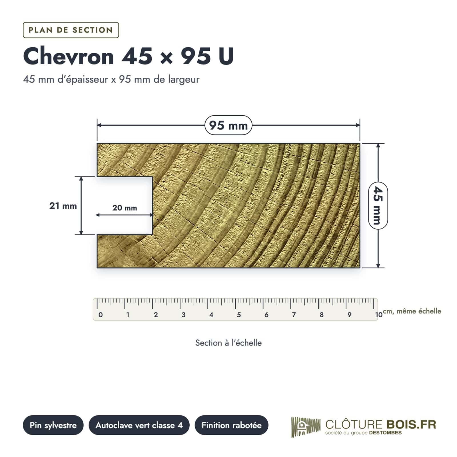 Profilé bois U 45x95 en pin sylvestre autoclave vert : plan de section coté