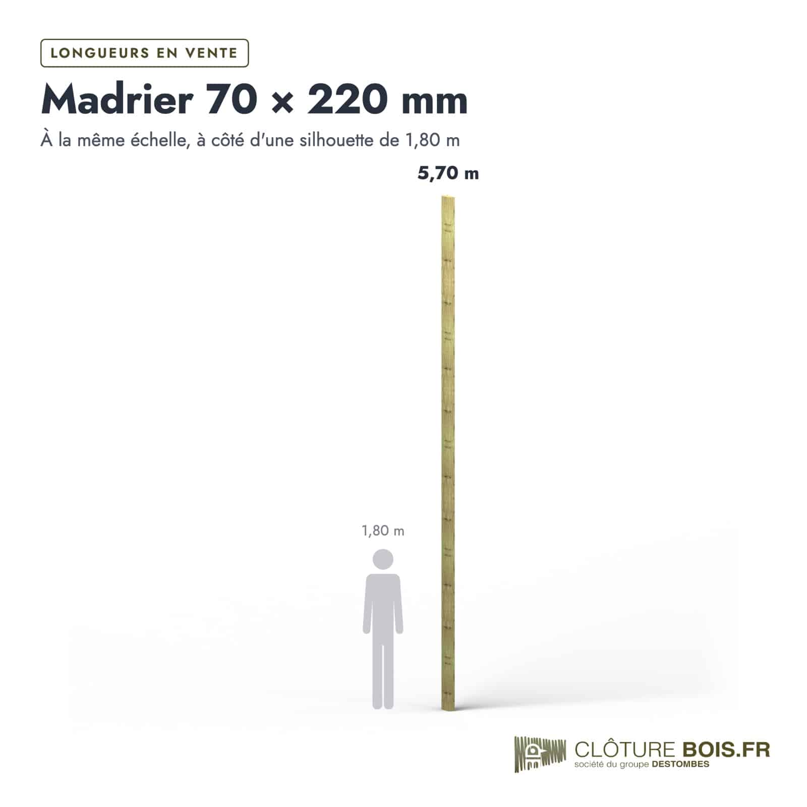 Madrier 70x220 en pin sylvestre raboté, autoclave vert : longueurs à l’échelle