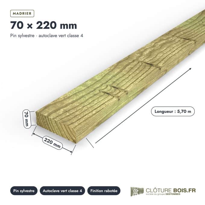 Madrier 70x220 en pin sylvestre raboté, autoclave vert : pièce cotée et longueurs