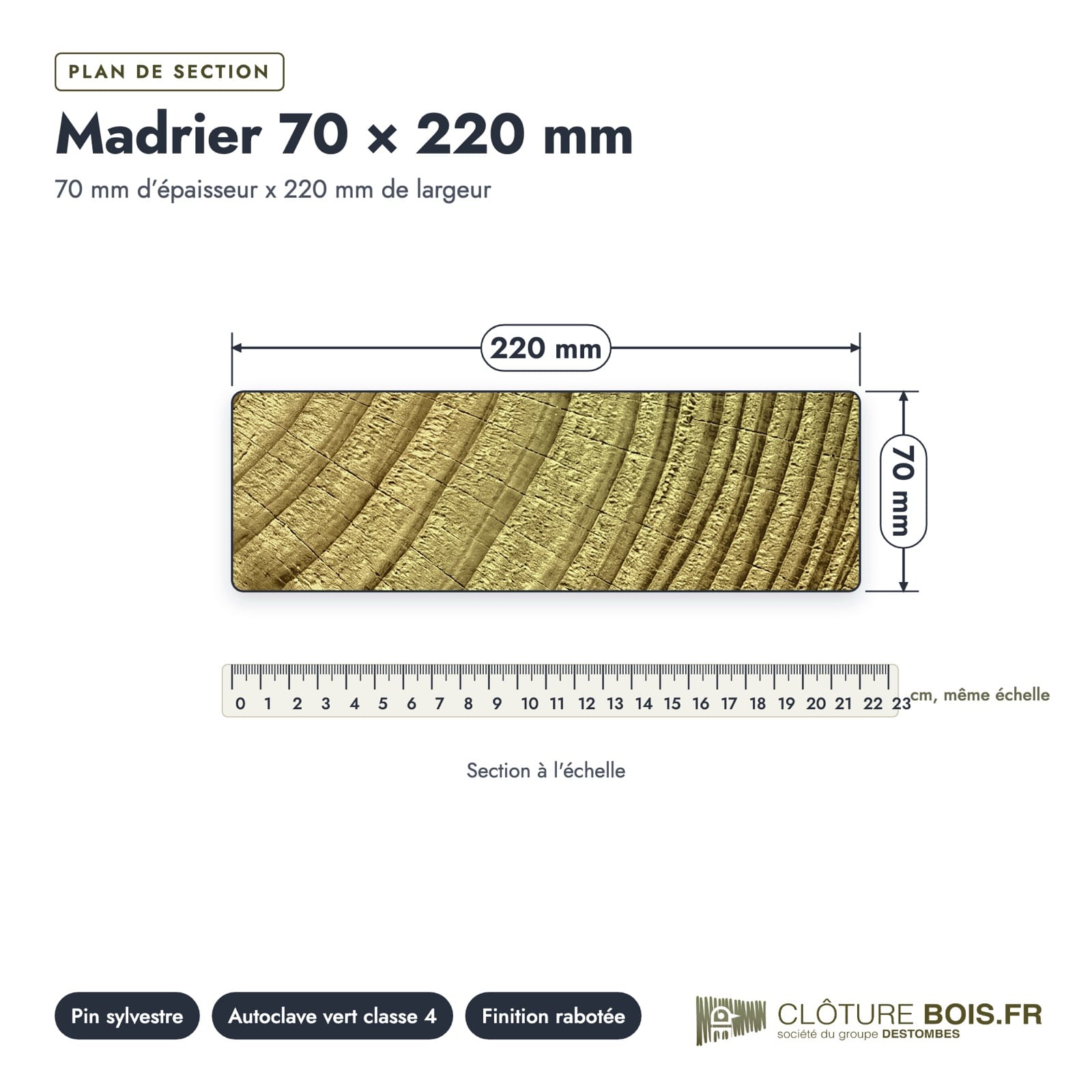 Madrier 70x220 en pin sylvestre raboté, autoclave vert : plan de section coté
