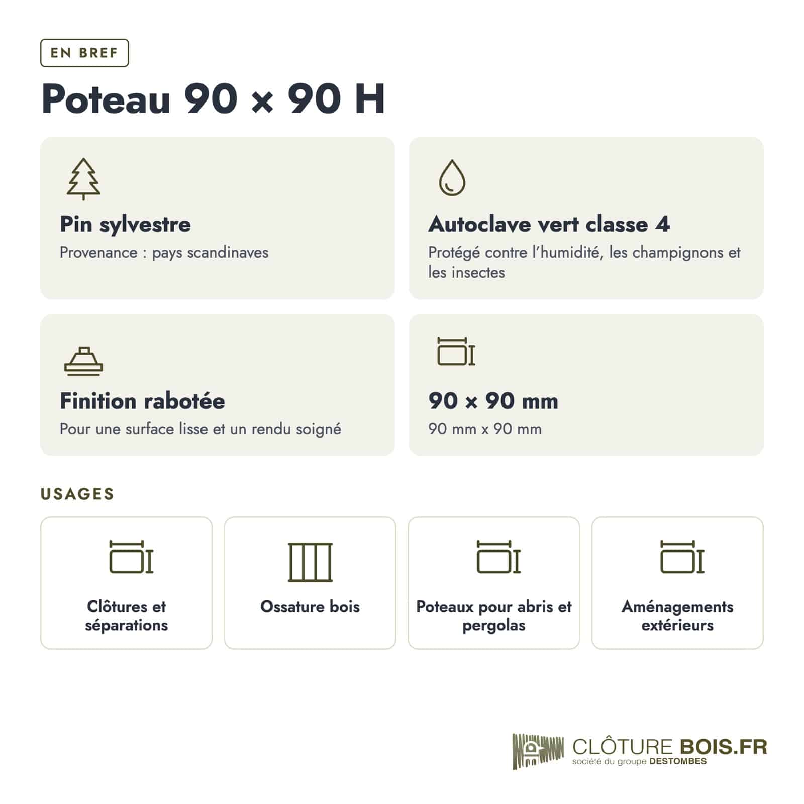 Poteau bois en H 90x90 rainuré pour clôture : caractéristiques