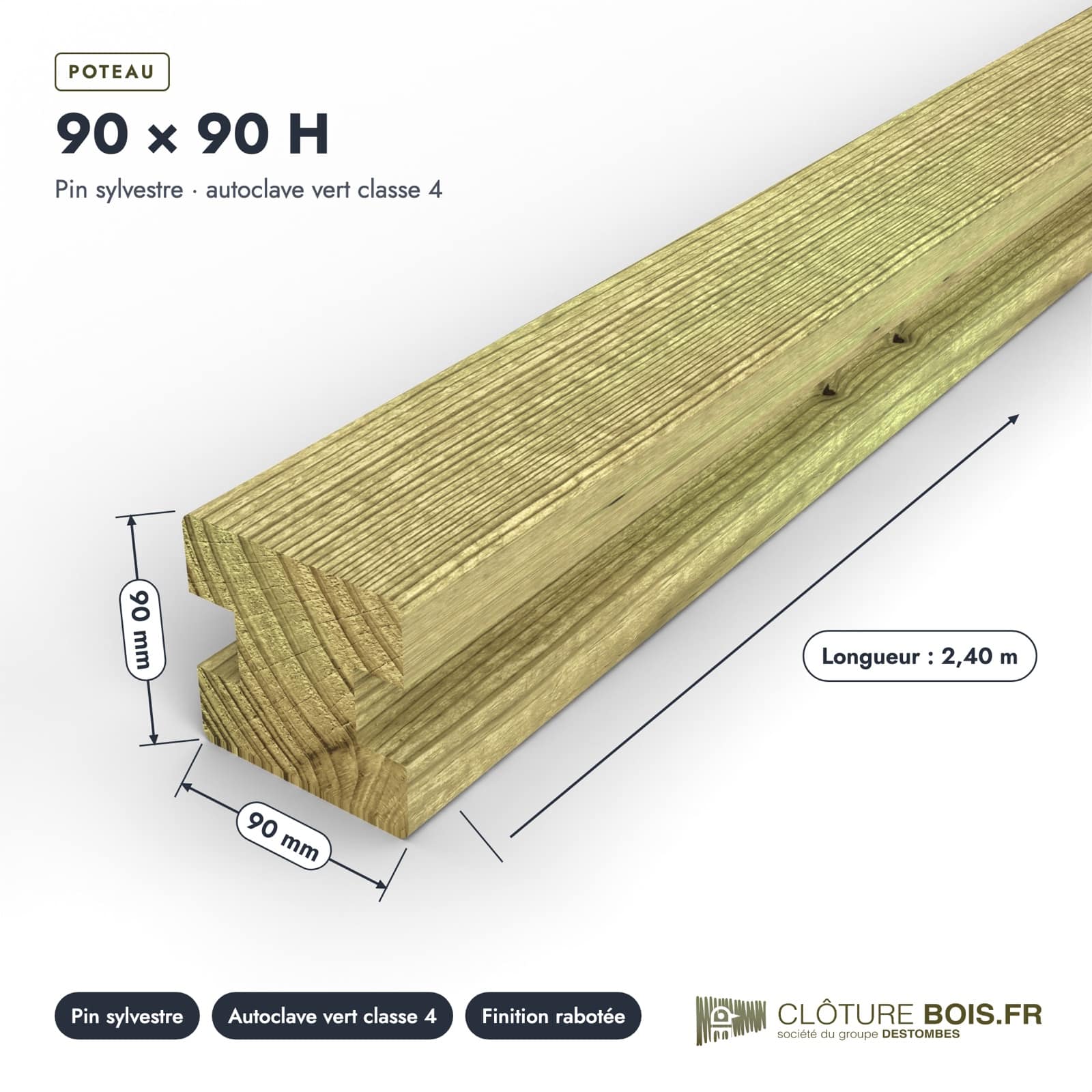 Poteau bois en H 90x90 rainuré pour clôture : pièce cotée et longueurs