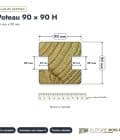 Poteau bois en H 90x90 rainuré pour clôture : plan de section coté