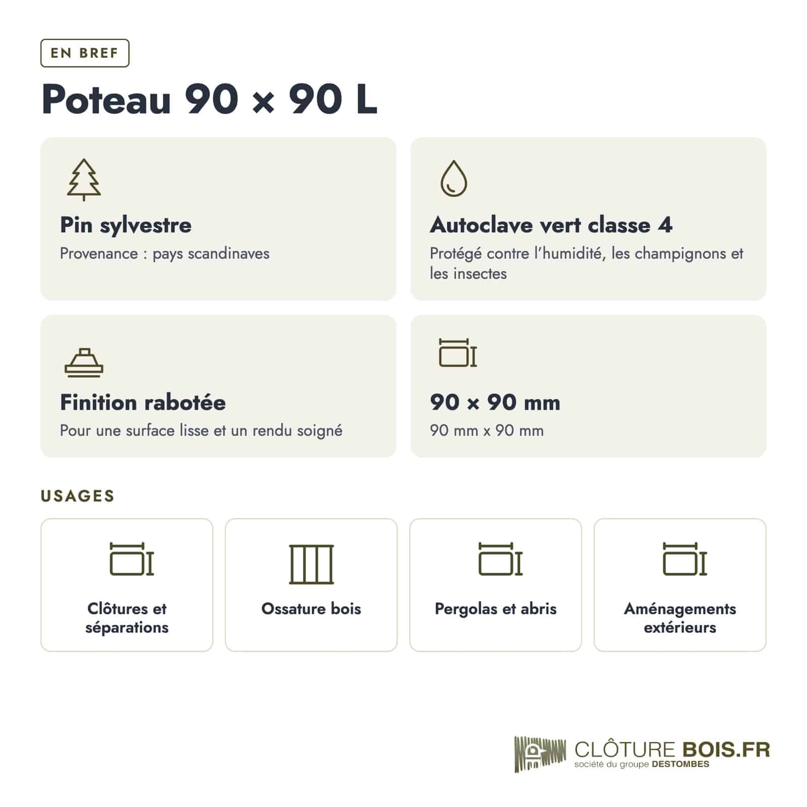 Poteau d'angle bois 90x90 rainuré en L : caractéristiques